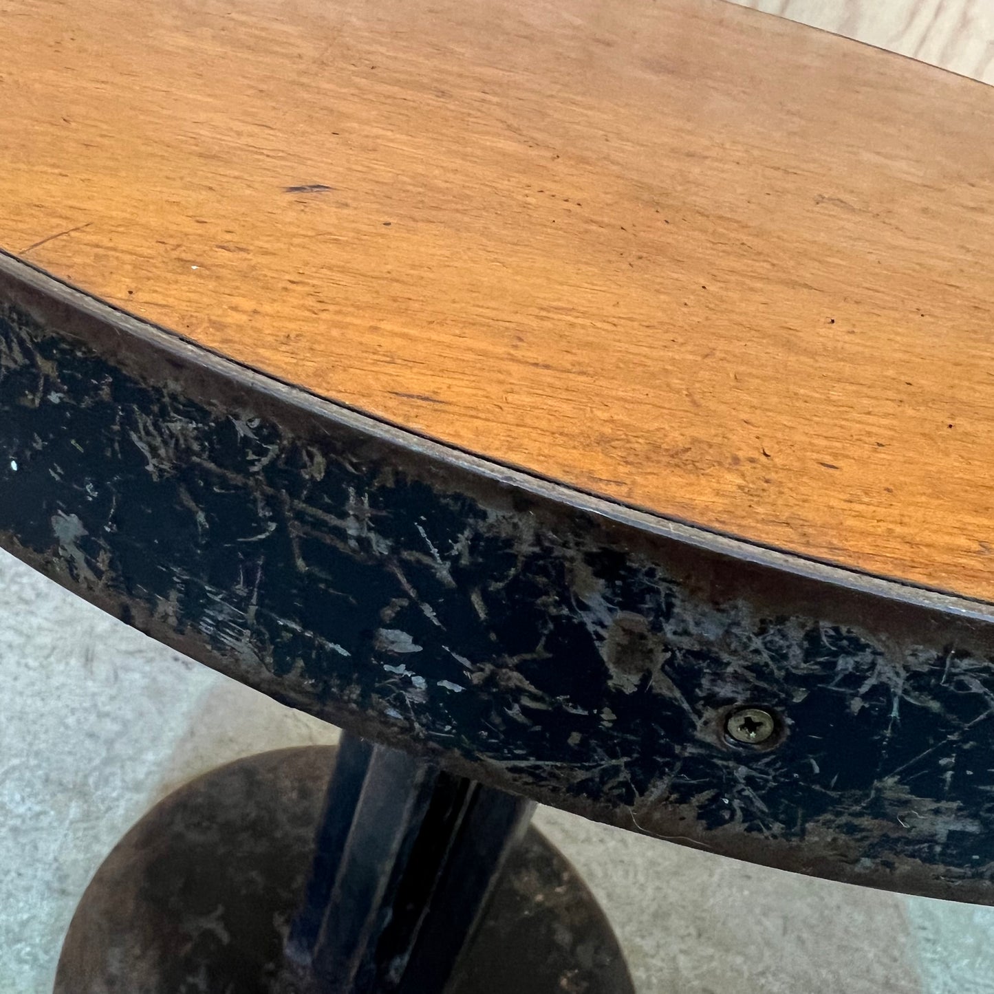 Small Industrial Round Hardwood Table with Metal Trim