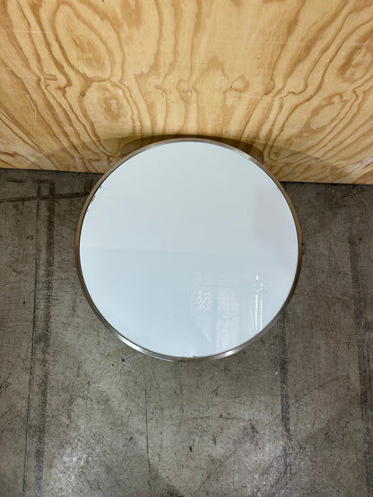 White glass coffee table on circular chrome base