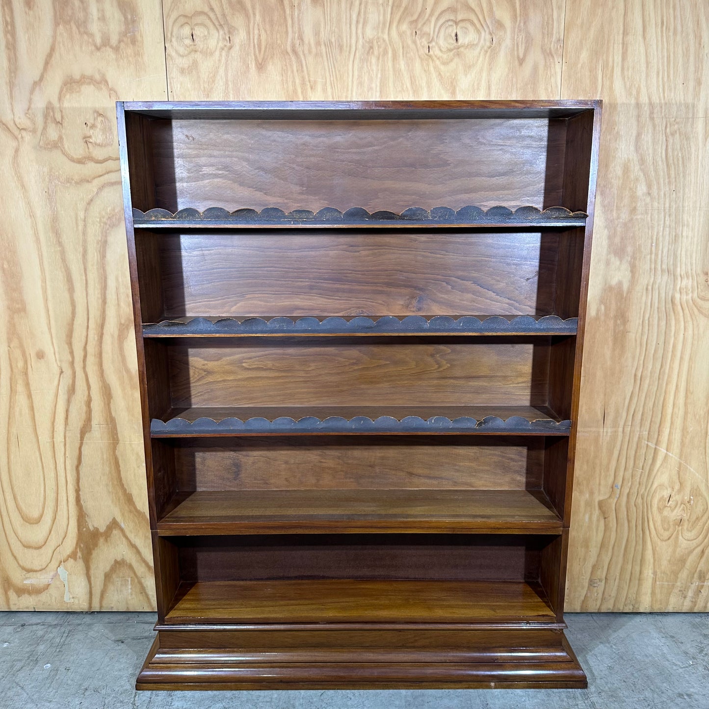 Vintage Timber Bookshelf with Leather Scalloped Trim