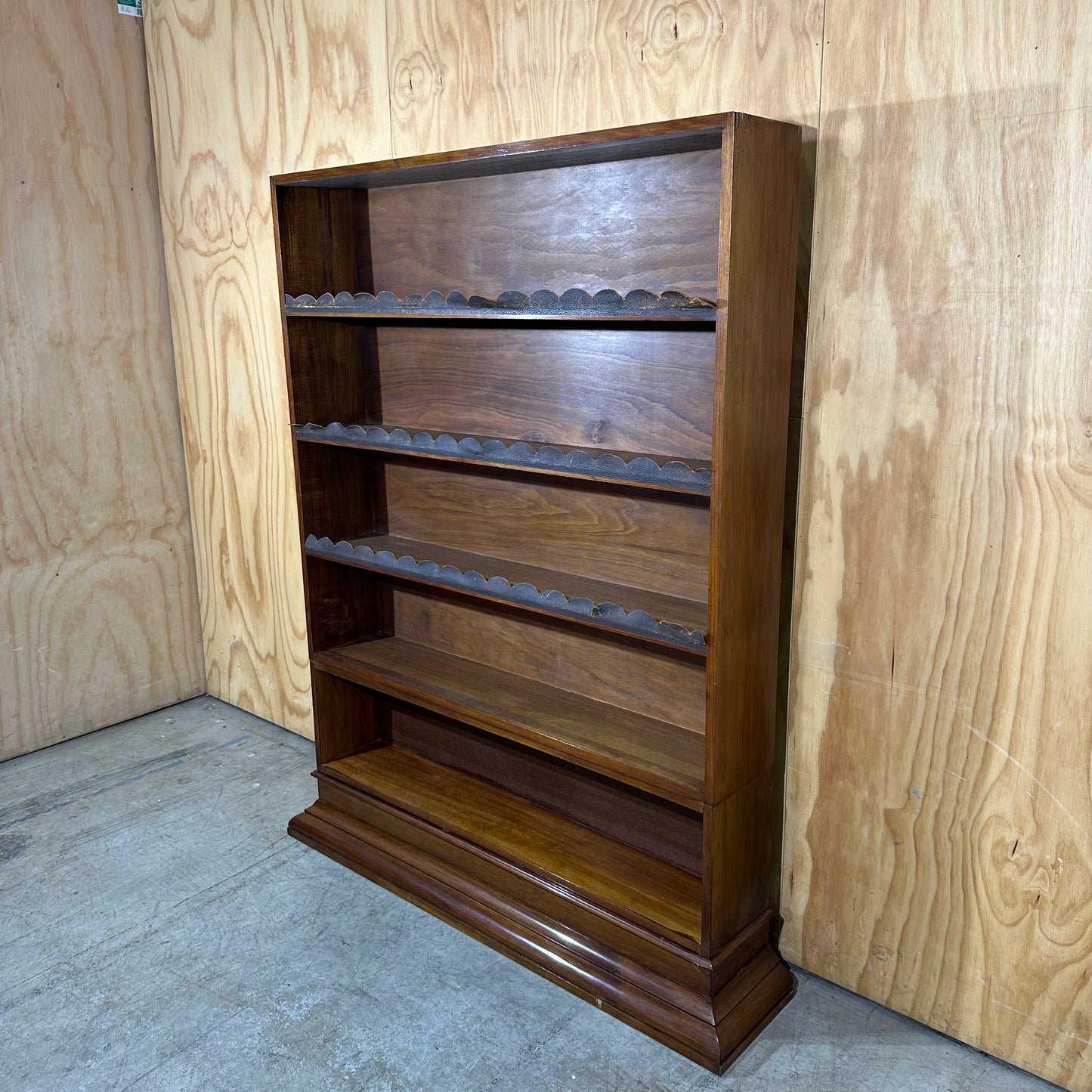 Vintage Timber Bookshelf with Leather Scalloped Trim