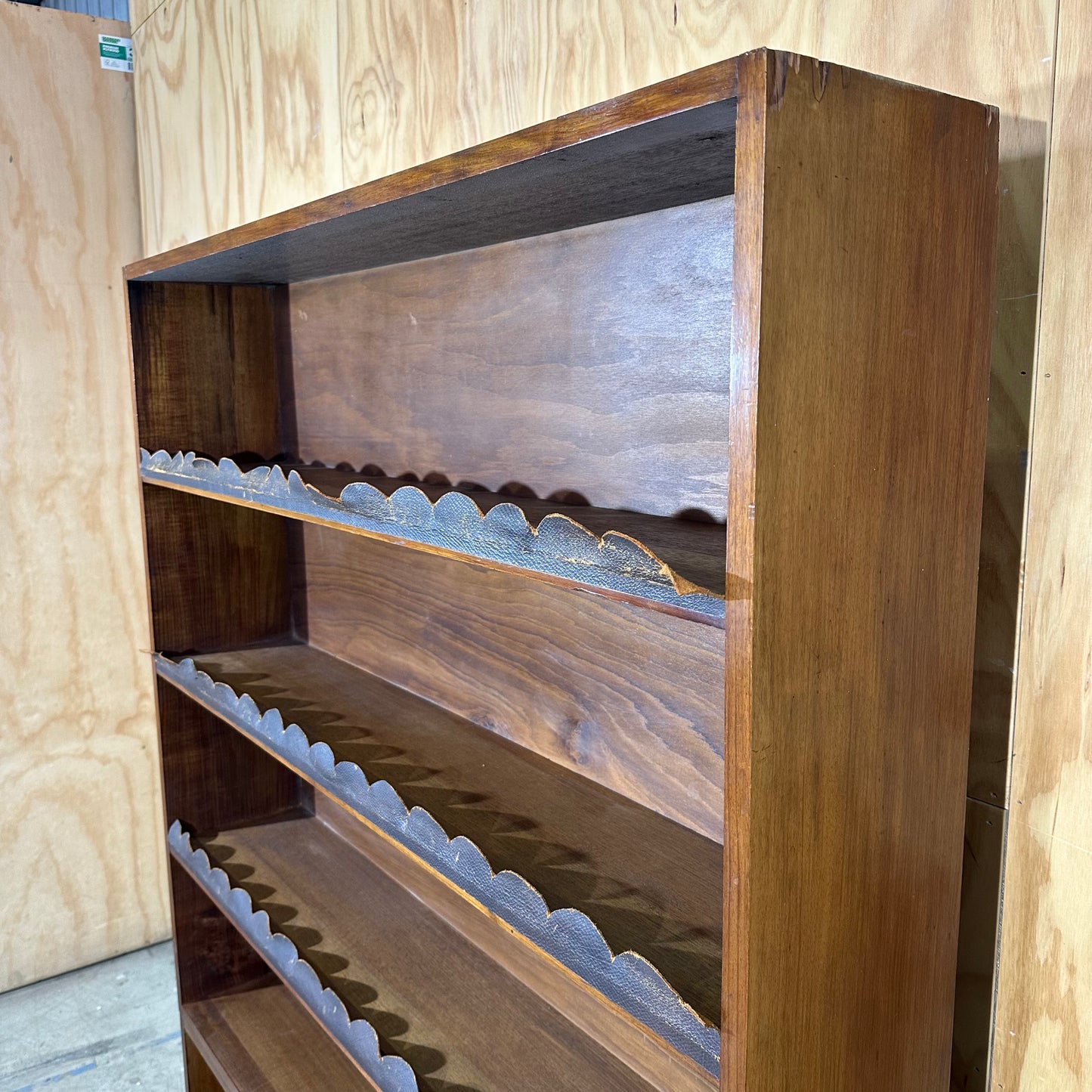 Vintage Timber Bookshelf with Leather Scalloped Trim