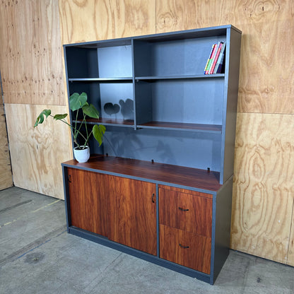 Charcoal and Wood-Grain Executive Credenza with Hutch