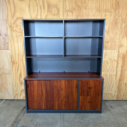Charcoal and Wood-Grain Executive Credenza with Hutch