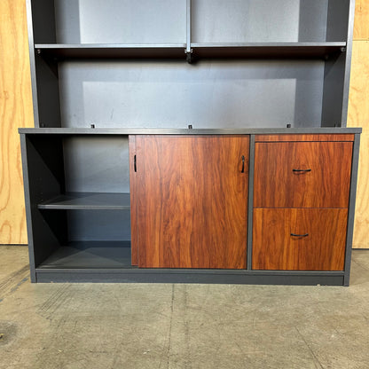Charcoal and Wood-Grain Executive Credenza with Hutch