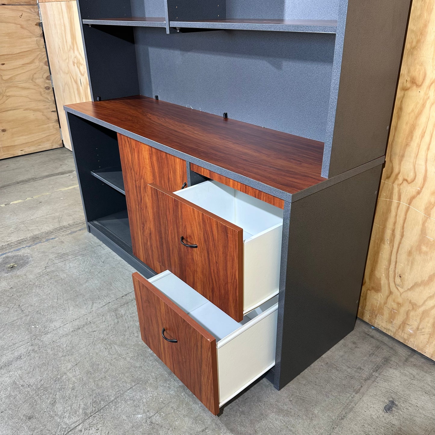 Charcoal and Wood-Grain Executive Credenza with Hutch