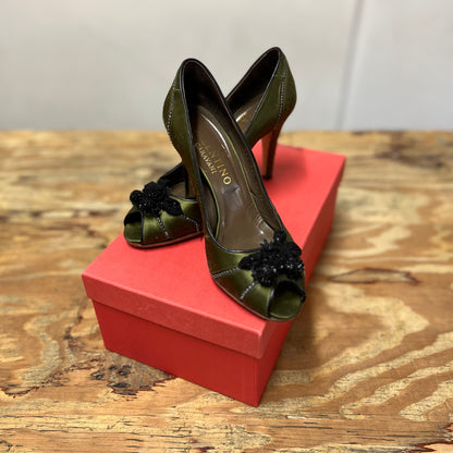 Valentino Garavani green satin jewelled rhinestone floral peep toe heels