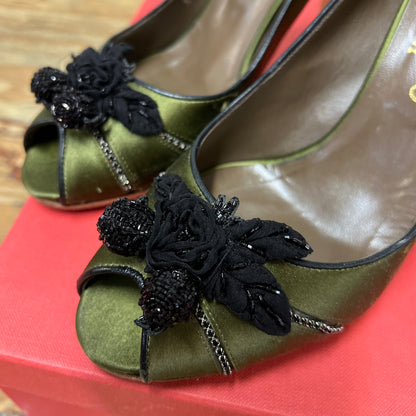 Valentino Garavani green satin jewelled rhinestone floral peep toe heels