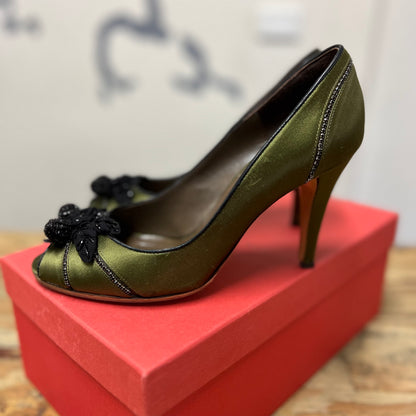 Valentino Garavani green satin jewelled rhinestone floral peep toe heels