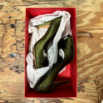 Valentino Garavani green satin jewelled rhinestone floral peep toe heels