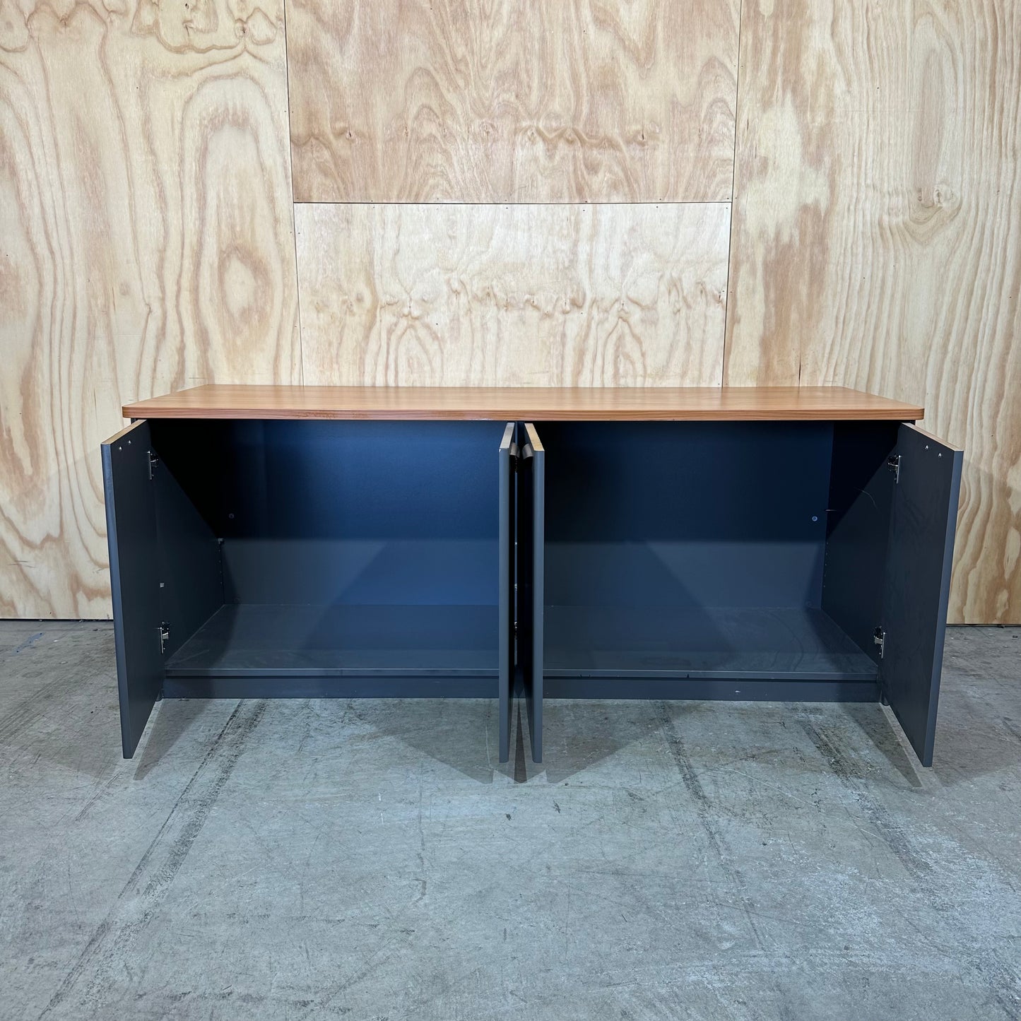 Charcoal sideboard with timber veneer benchtop