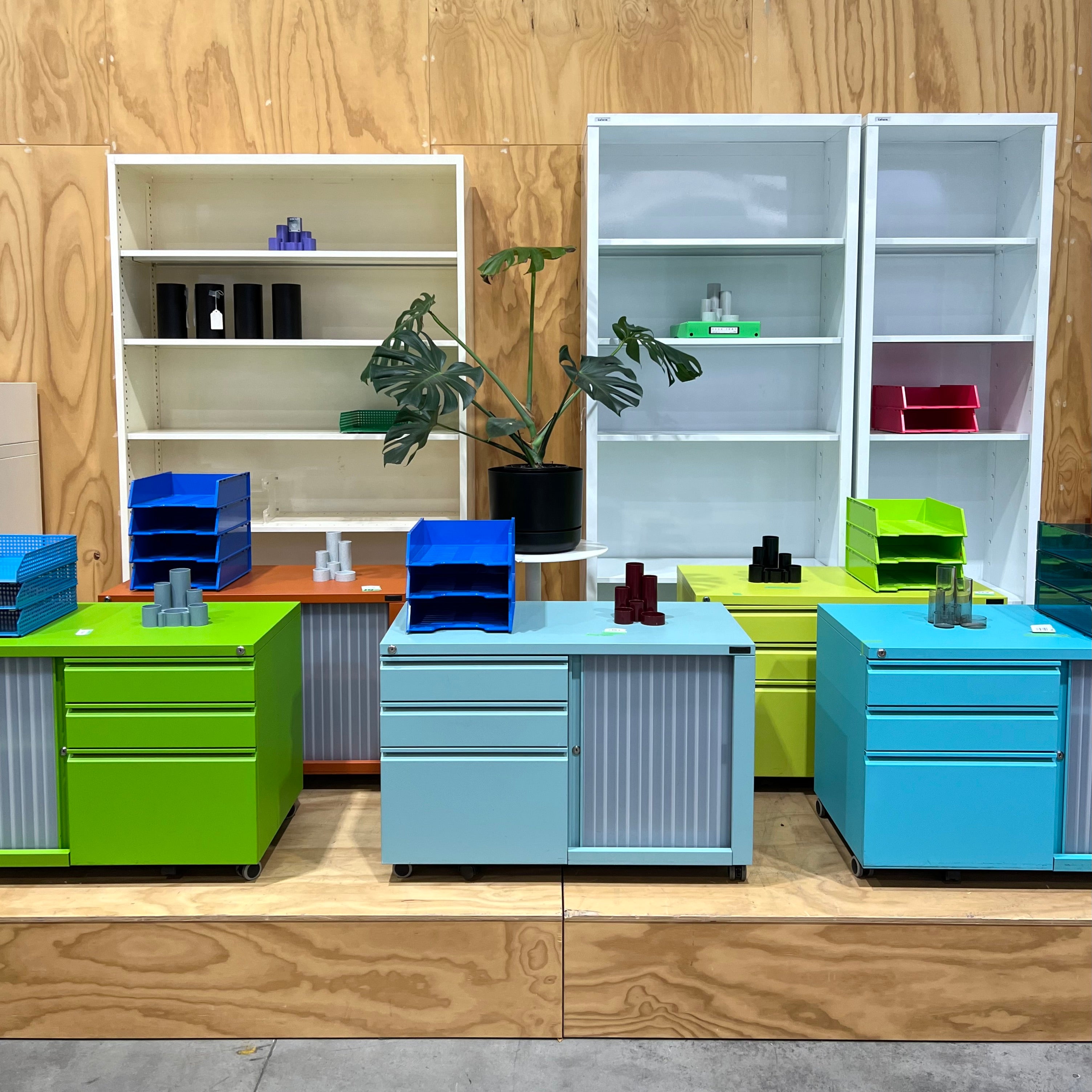 Colorful office Schiavello secondhand pedestals/ furniture set with desks and shelves in Braybrook showroom