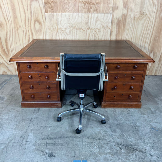Antique timber executive desk with black leather top