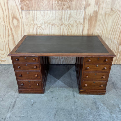 Antique timber executive desk with black leather top