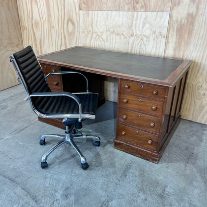 Antique timber executive desk with black leather top