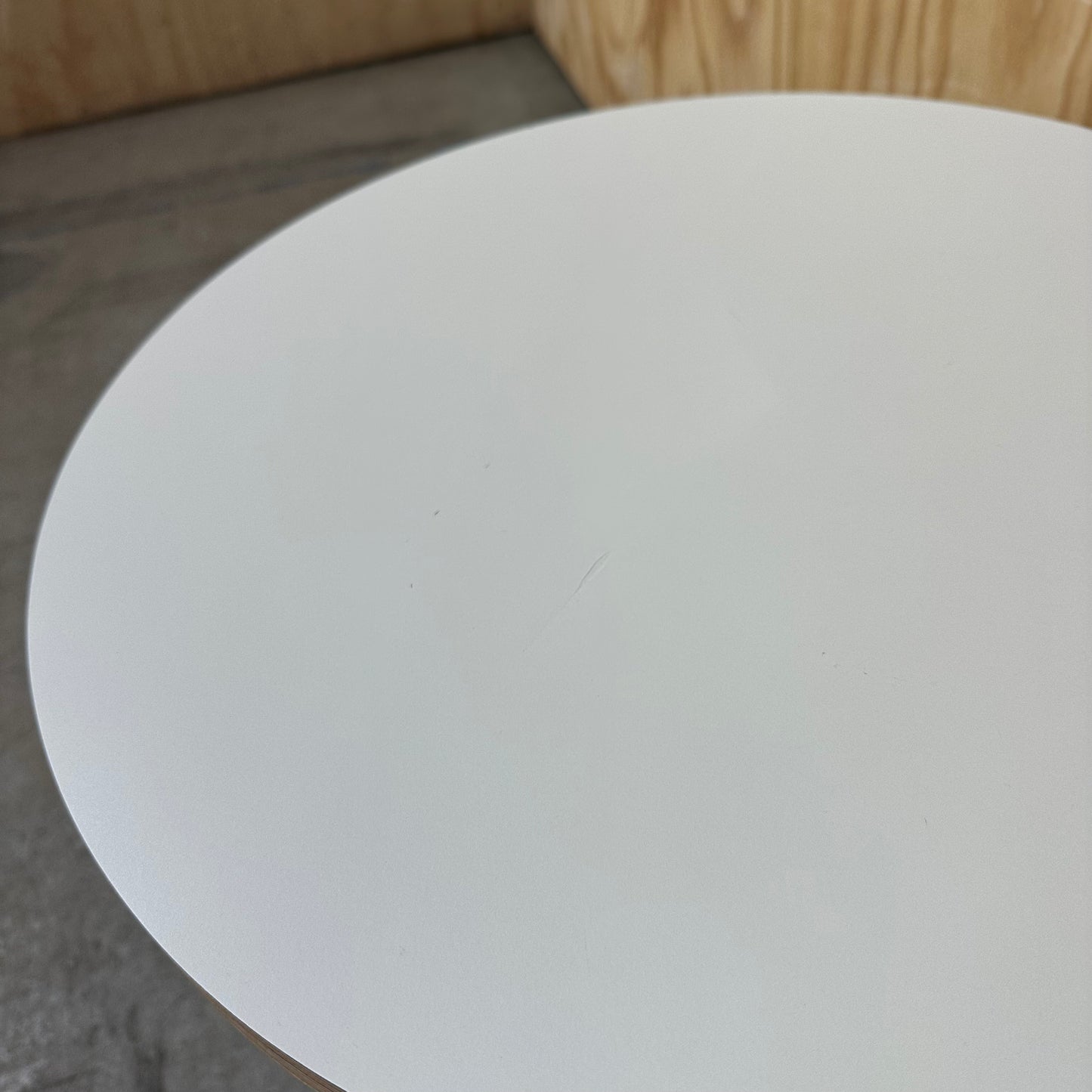 Round Coffee Table with Plywood Edge on Black Base