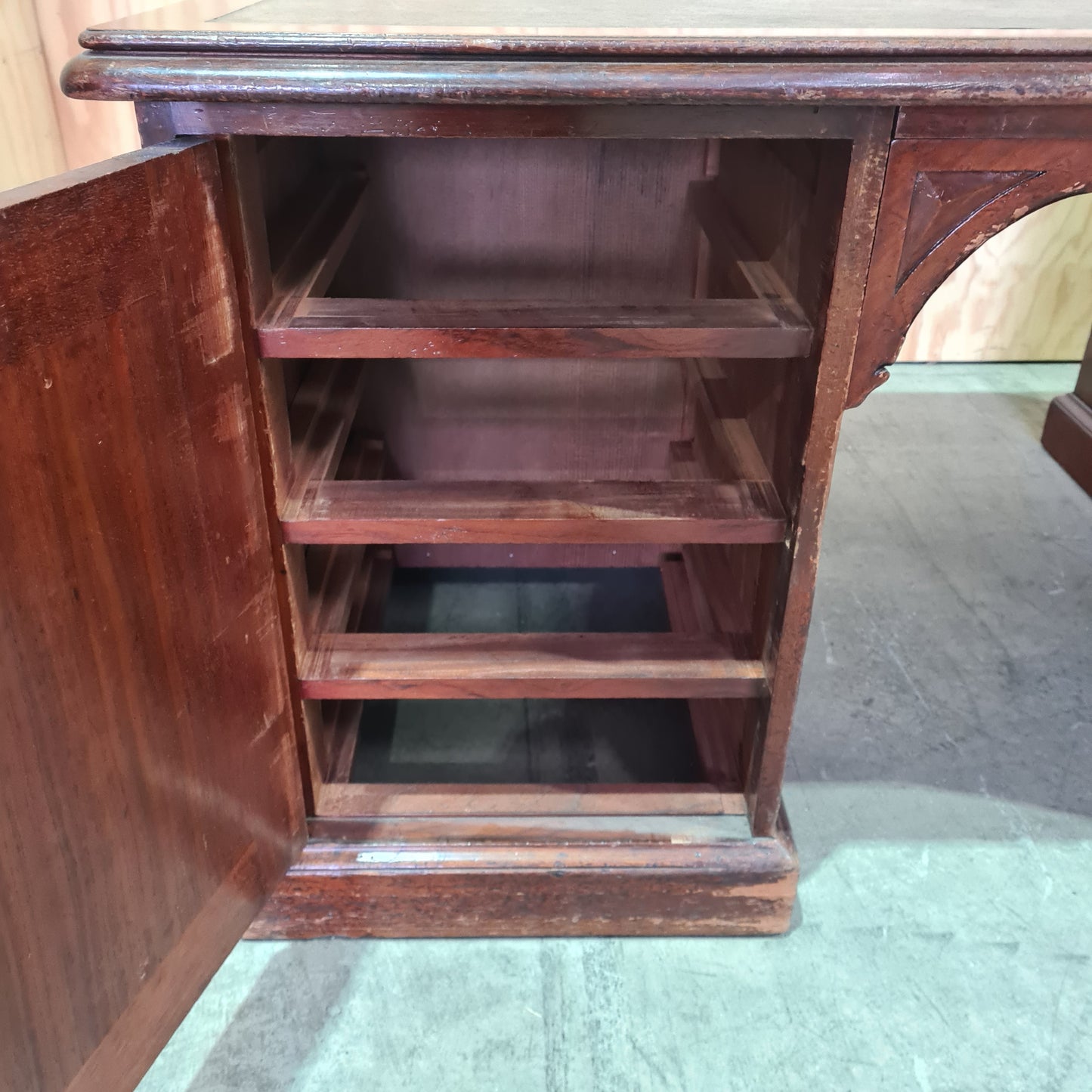 Antique 19th century solid mahogany timber executive desk with genuine leather top