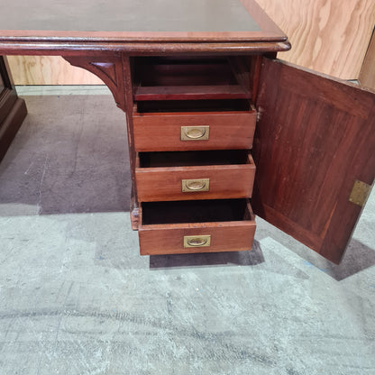 Antique 19th century solid mahogany timber executive desk with genuine leather top