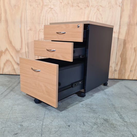Wooden Veneer and Black Pedestal with Chrome Handles