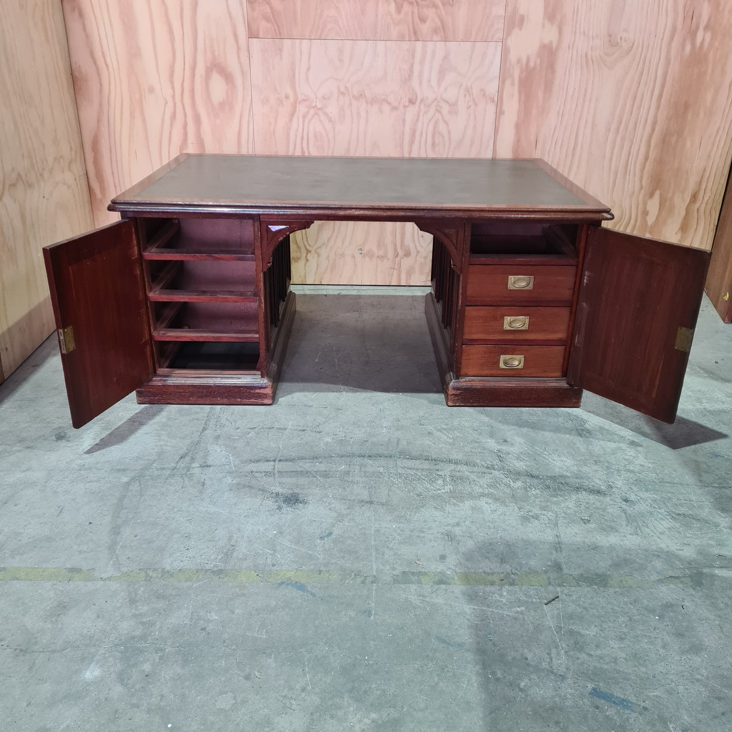 Antique 19th century solid mahogany timber executive desk with genuine leather top