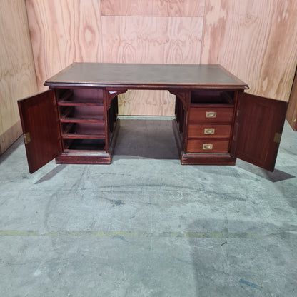 Antique 19th century solid mahogany timber executive desk with genuine leather top