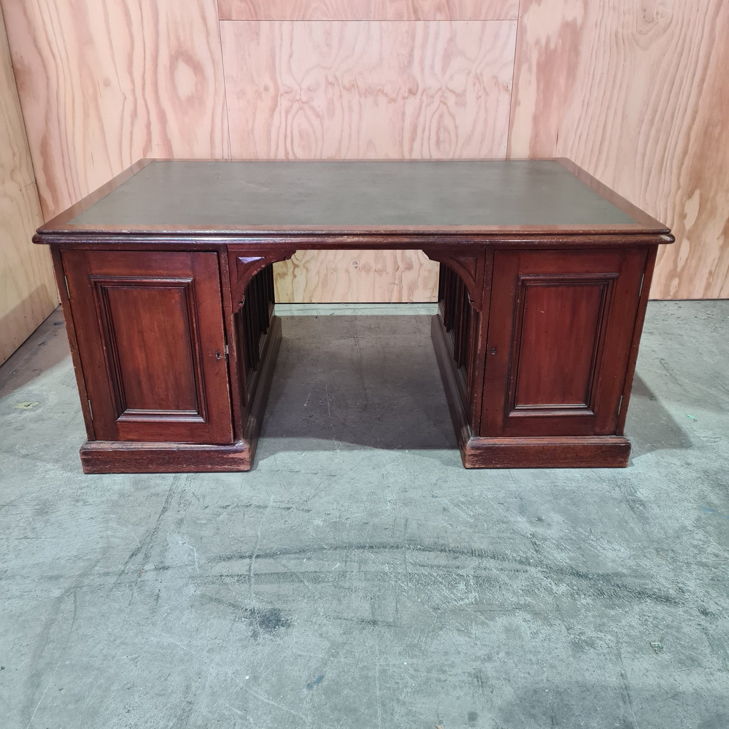 Antique 19th century solid mahogany timber executive desk with genuine leather top