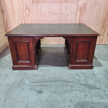 Antique 19th century solid mahogany timber executive desk with genuine leather top