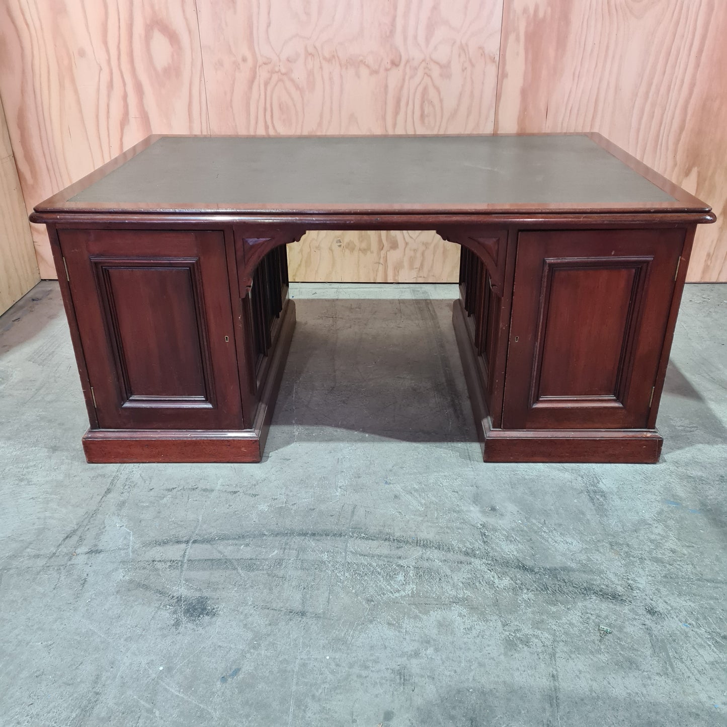 Antique 19th century solid mahogany timber executive desk with genuine leather top
