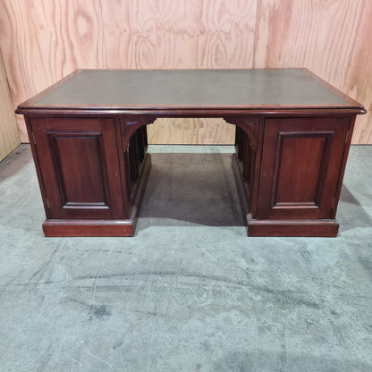 Antique 19th century solid mahogany timber executive desk with genuine leather top