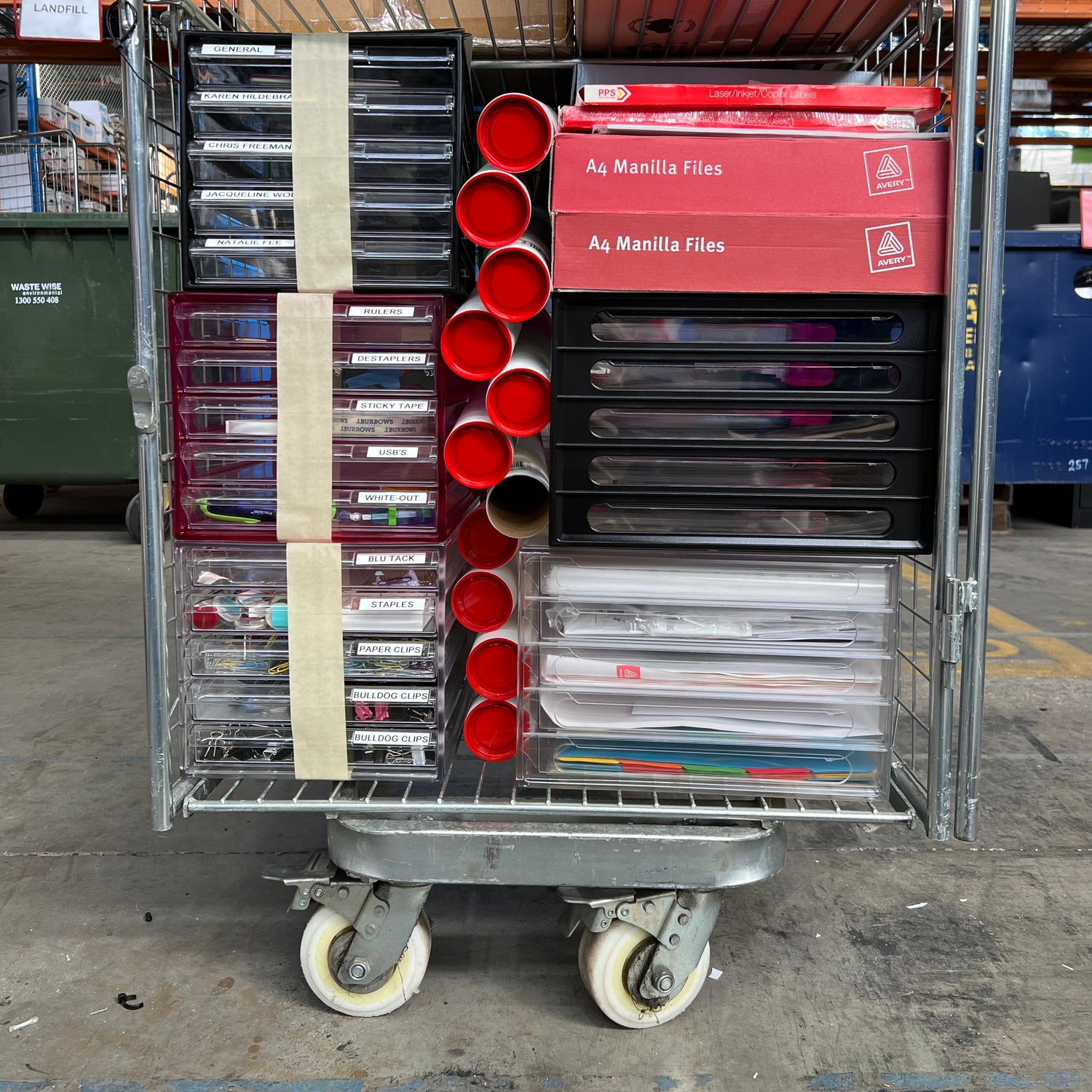 trolley cage with recycled upcycled stationery from Green Collect office clear out
